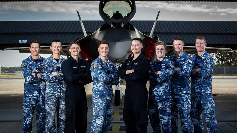 RAAF Sergeants Connor O'Neill and Ryan Pedder, 7th and 8th from left, facilitated the Building Blokes program for aviators from 2 OCU at RAAF Base Williamtown. Photo: Corporal Melina Young