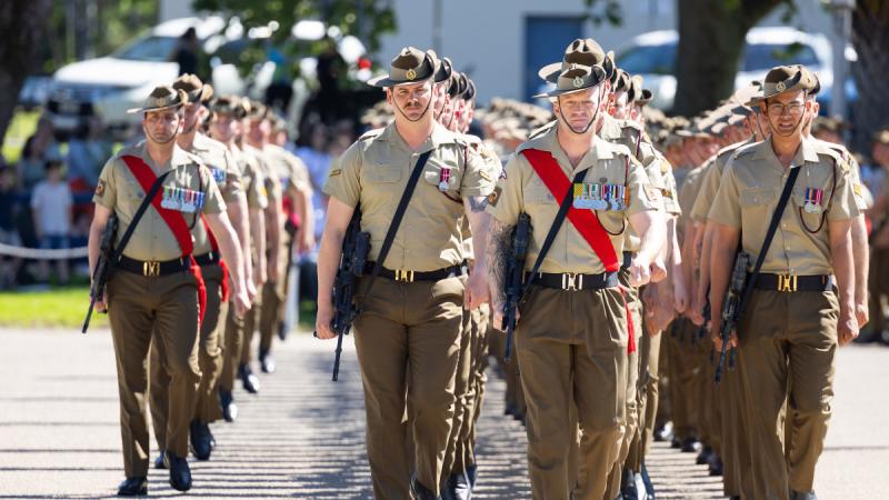 Members from the 7th Battalion, the Royal Australian Regiment (7RAR), march on parade as part of the 7RAR Iraq Theatre Honour Parade, on the Torrens Parade Ground, Adelaide.