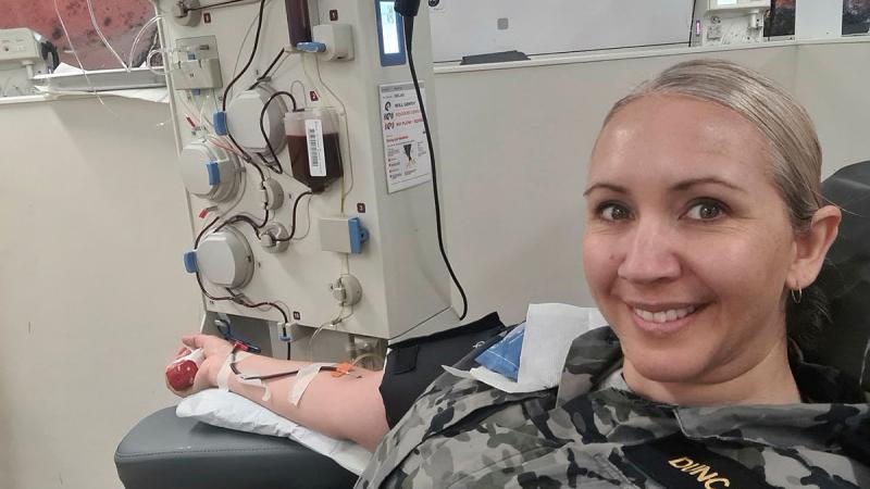 Petty Officer Cassandra Duncan, from Fleet Support Unit Australia, donates plasma in Sydney on October 5.