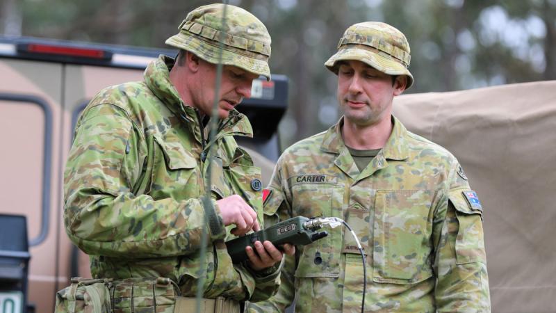 Signallers from 108 Signal Squadron test their interoperability with 144 Signal Squadron during Exercise Hermes Run in Mount Gambier, SA. 