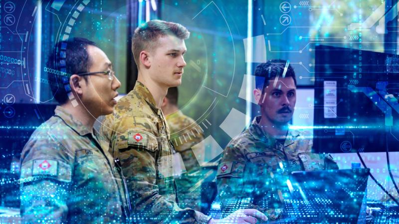 Graphical image of ADF members at a computer during a cyber exercise