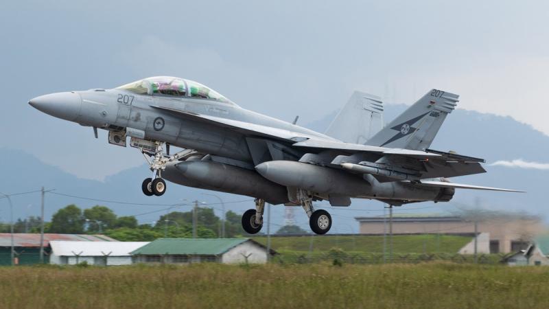 A Royal Australian Air Force F/A-18F Super Hornet departs from Royal Malaysian Air Force Base Butterworth during Exercise Bersama Lima 2023 in Malaysia.