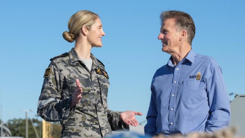 Commander Andrew Mierisch, right, with Chief Petty Officer Zoe Mack on board HMAS Supply alongside Fleet Base East, Sydney. 