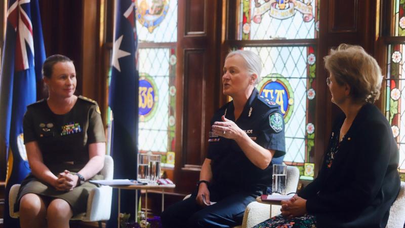 Governor of South Australia Frances Adamson, Major General Susan Coyle, and Deputy Commissioner South Australia Police Linda Williams address Defence personnel during the Women in Defence Leadership Forum at Government House, Adelaide.
