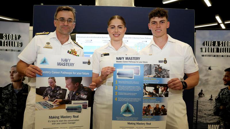 From left, Deputy Chief of Navy Rear Admiral Jonathan Earley, Leading Seaman Mara Johnsen and Able Seaman Quinn Beggs at the launch of the Navy Mastery Career Pathways during Indo-Pacific 2023 International Maritime Exposition in Sydney. Photo: Leading Seaman Iggy Roberts