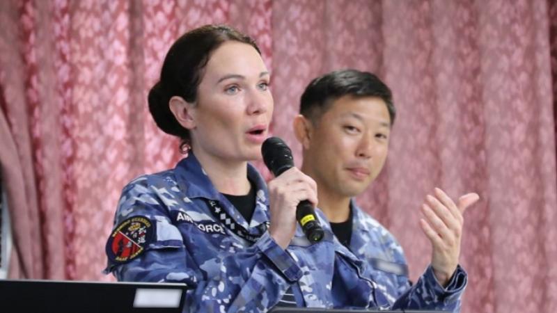 Flight Lieutenant Rosemary Callery speaking during a gender, peace and security networking event on Exercise Bushido Guardian at Komatsu Air Base in Japan.
