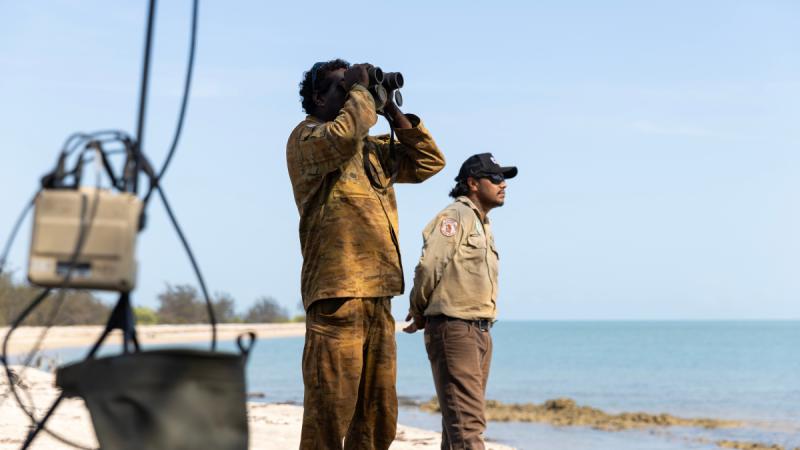 (l-r) NORFORCE Patrolman, Corporal Frank Marrar and Northern Territory Parks and Wildlife Ranger Dylan Cooper act as spotters for the Wasp AE small unmanned aerial system during a patrol of West Arnhem Land as part of Operation Resolute Rotation 5.