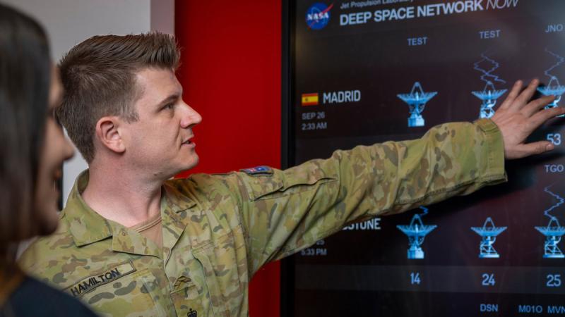 Australian Army Lieutenant Colonel Kevin Hamilton, Defence Space Command collective training officer, at the Defence Space Command offices, Canberra. 