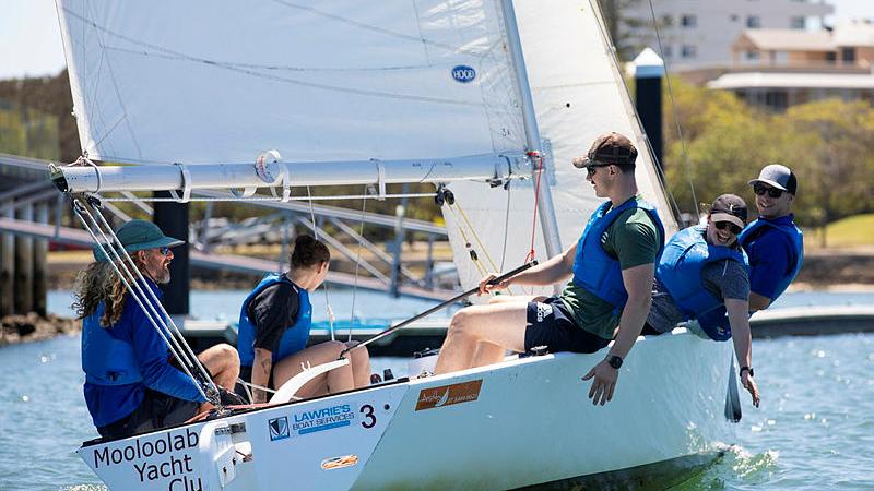 Soldiers from the 2/14 Light Horse Regiment and Saltwater Veterans instructor Scott Reynolds take to the water in resilience training for mental health and wellness with Saltwater Veterans Sailing at Mooloolaba, Queensland.