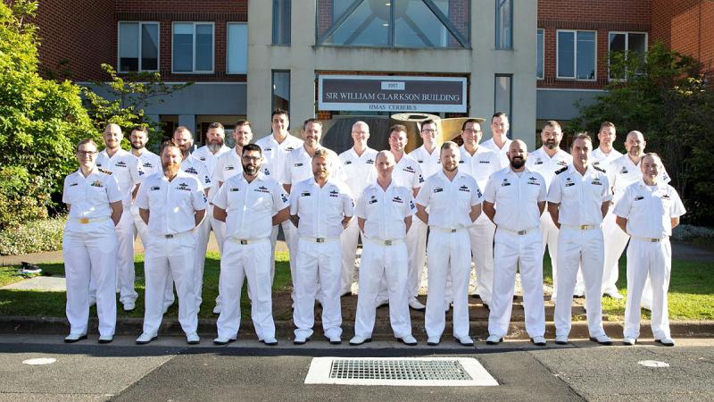 Students and staff of the Technical Charge Qualification Course 2023 at the William Clarkson Building, Technical Training Faculty, HMAS Cerberus. 