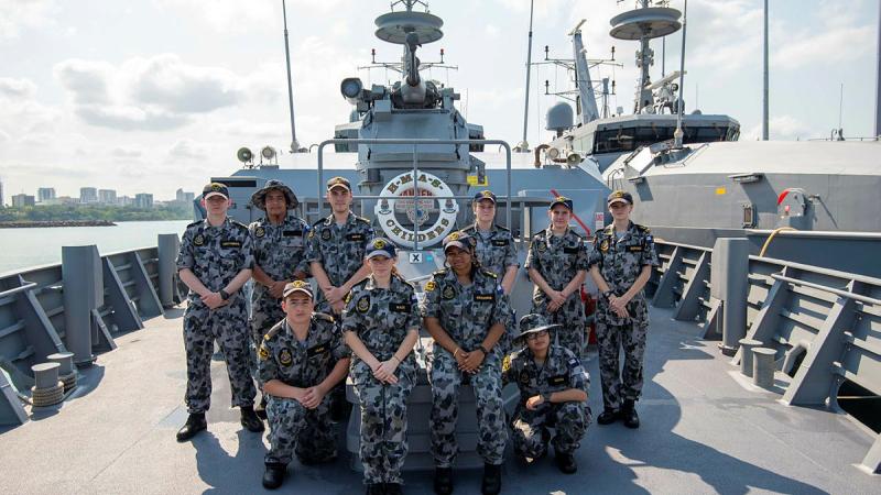 Cadets from Training Ship Darwin on board HMAS Childers under the 25mm main armament. Childers is of one of four remaining Armidale Class Patrol Boats. 