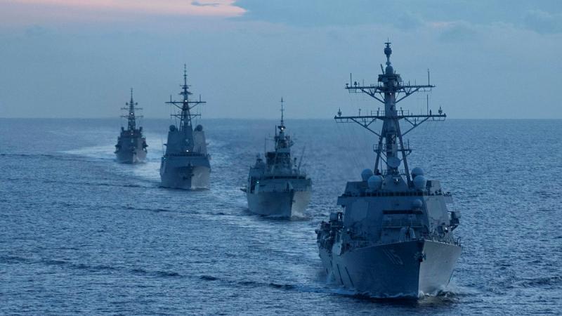 USS Rafael Peralta leads a formation sail with HMCS Ottowa, HMAS Brisbane and JS Akebono during Exercise Noble Caribou in the South China Sea. Photo: Royal Canadian Navy
