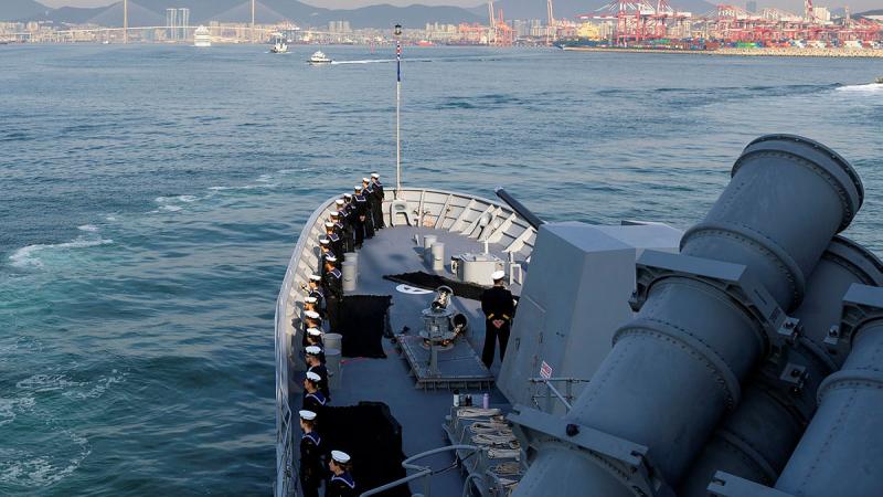 HMAS Toowoomba personnel stand at ease at the forecastle as the ship arrives at Busan Naval Base, South Korea, for Exercise Haedoli Wallaby. Photos: Leading Seaman Ernesto Sanchez