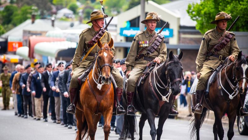 1st Light Horse Re-Enactment Troop, followed by the 12th/16th Hunter River Lancers and 12th Light Horse Association march through the city centre at the Freedom of Entry to Armidale, New South Wales.