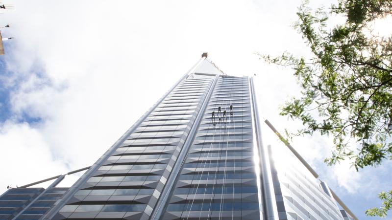 Members of the Australian Defence Force abseil 130 metres down the Central Park Tower in Perth's CBD for the annual Central Park Plunge, raising money for the Prostate Cancer Foundation of Australia