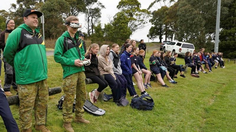  Private Hamish Glover gives a flying demonstration of the five-inch racing drone to students