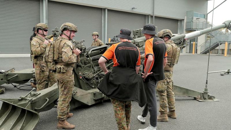 Students from Exercise First Look are shown a static demonstration by members of 1st Regiment, the Royal Australian Artillery, at Gallipoli Barracks. 