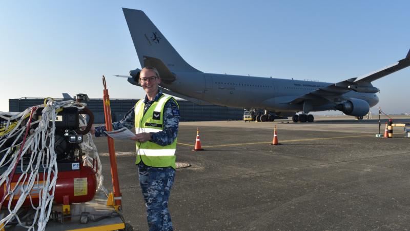 Corporal Casey Childs, a supplier with RAAF 33 Squadron, checks inventory at Gimhae Air Base, in the Republic of Korea during Exercise Vigilant Defense 24.
