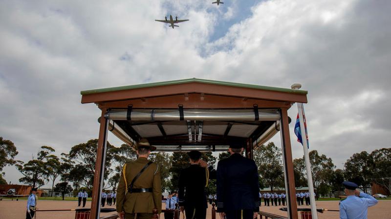 Two KA350 King Air's fly over a Colours consecration parade at RAAF Base East Sale, Victoria. 
