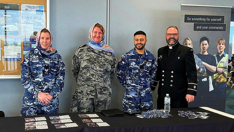 (L-R) Sergeant Brodie Stewart, Chief Petty Officer Sarah Lindsay, Flight Lieutenant Abdul Khan and Chaplin Darren Cronshaw engage with community members at the Melbourne Grand Mosque in October.