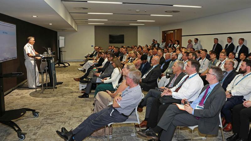 Head Maritime Sustainment Rear Admiral Steven Tiffen speaks at the Indo-Pacific Sea Power Conference on delivering an enduring sustainment capability. Photo: Leading Seaman Iggy Roberts