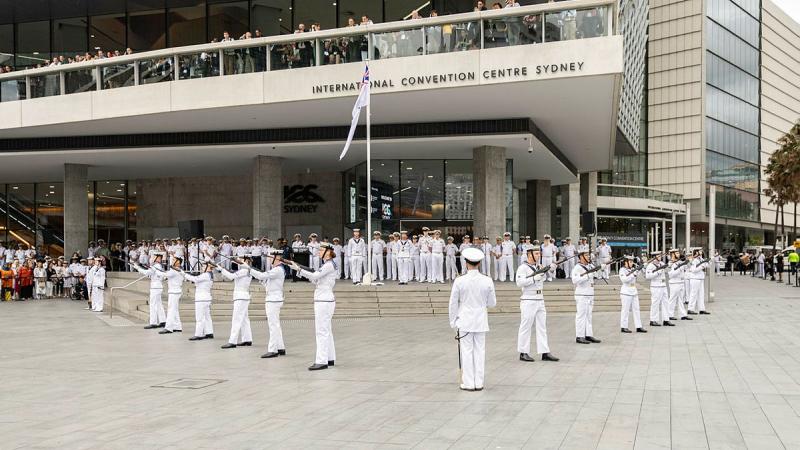 Members from Australia’s Federation Guard prepare for a ceremonial sunset during the Sea Power Conference closing ceremony in Sydney. Photo: Able Seaman Lucinda Allanson