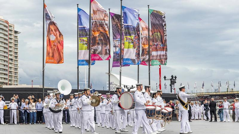Members from the Royal Australian Navy Band march on during a ceremonial sunset performed at the Royal Australian Navy Sea Power Conference as part of the Closing Ceremony, Sydney.