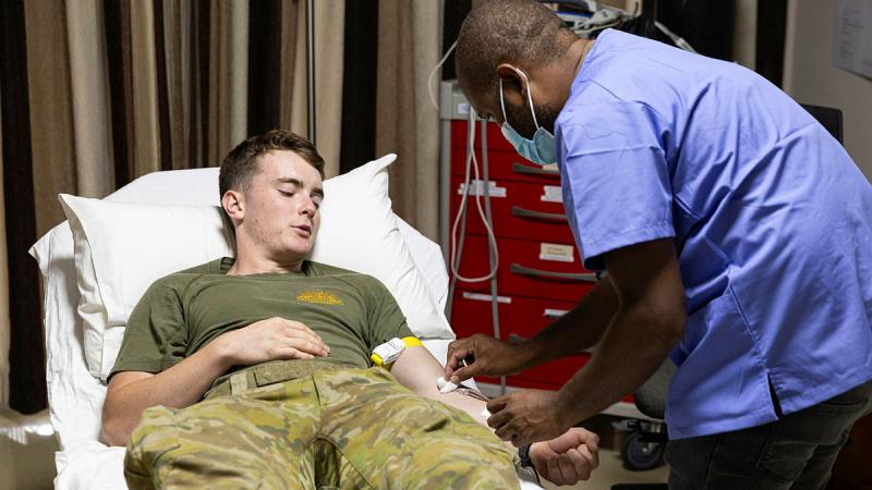 Personnel deployed on Operation Lilia donate blood at the DFAT Medical Clinic in Honiara, Solomon Islands ahead of the 2023 Pacific Games. 