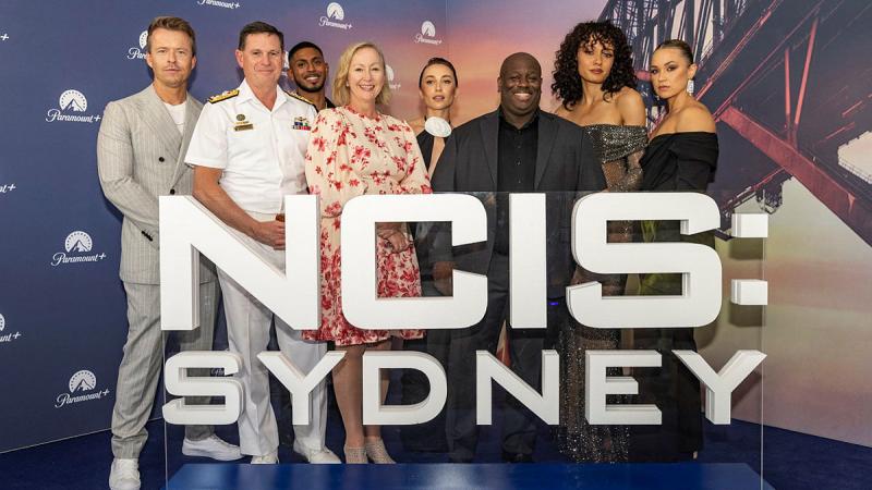 Chief of Navy Vice Admiral Mark Hammond and his wife Jodi Hammond with NCIS actor Todd Lasance and NCIS: Sydney actors, at the show's Sydney launch. 