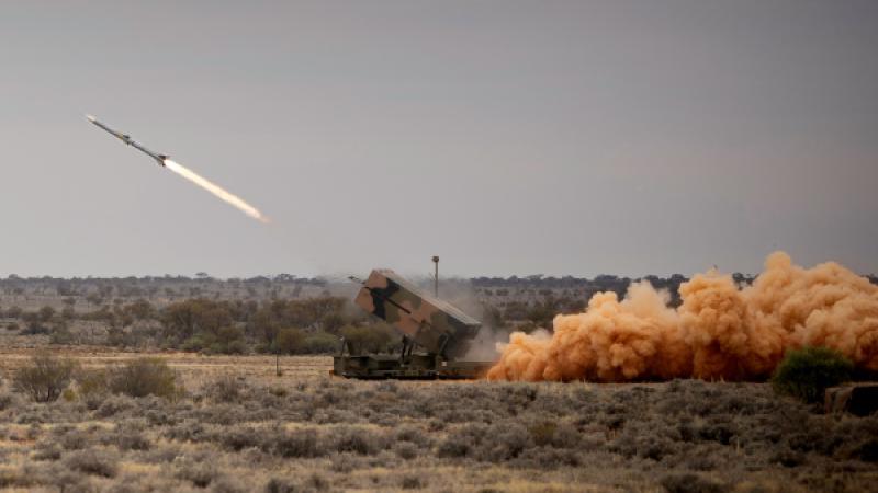 The National Advanced Surface to Air Missile System fires an AIM-120 Advanced Medium Range Air to Air Missile during its first Australian live-fire at Woomera Test Range in South Australia.