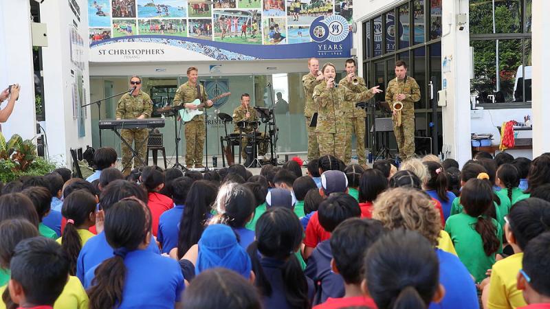 Members of the Australian Army band during a school performance at a Forces Entertainment Tour in Malaysia in October 2023.