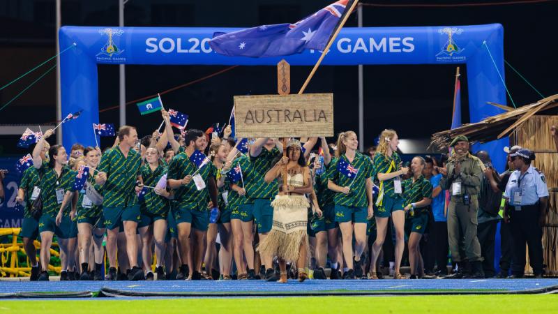 The Australian team enter the Opening Ceremony of the 2023 Pacific Games in Honiara, Solomon Islands.
