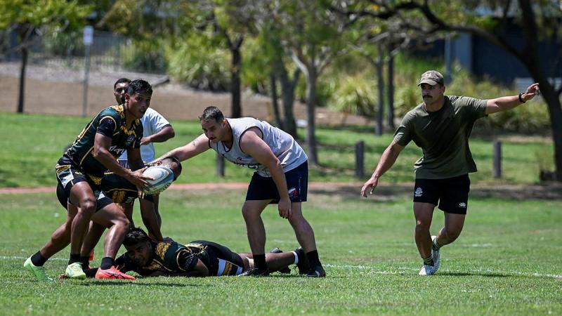 Kiribati national Rugby Sevens players train with members of the ADF Rugby Sevens team. 
