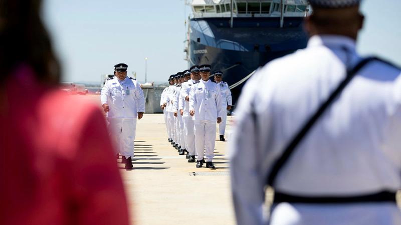 Samoan police march on the wharf during the Guardian-class patrol boat SPB Nafanua III handover ceremony at HMAS Stirling, Western Australia. Photos: Able Seaman Rikki-Lea Phillips