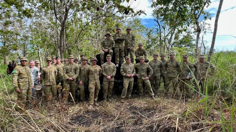 Commander 1st (Australian) Division Major General Scott Winter with participants of Exercise Beach Heads 23 at one of the significant World War 2 sites in Papua New Guinea.