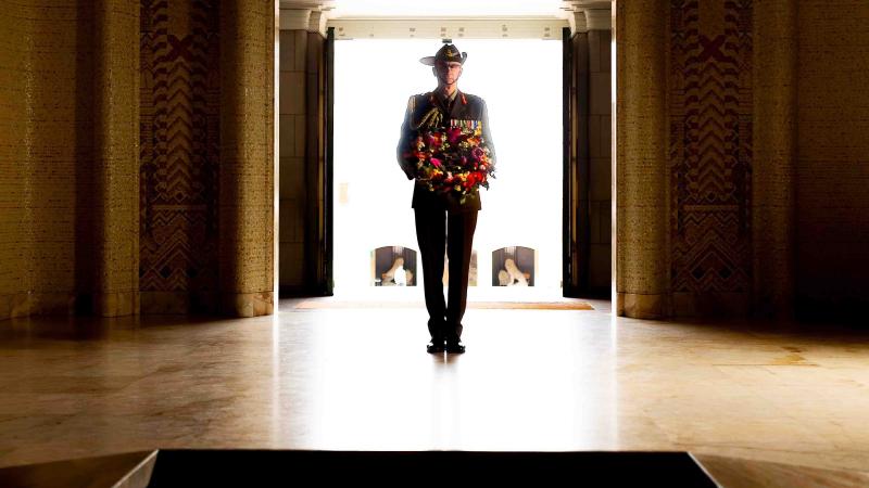 Chief of the Defence Force General Angus Campbell pays his respects to the Unknown Australian Soldier at the Australian War Memorial in Canberra. 