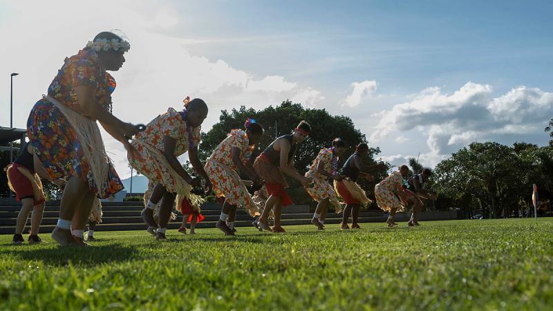  Navy Indigenous Development Program graduates perform a traditional dance during their graduation at Munro Martin Parkland, Cairns. 