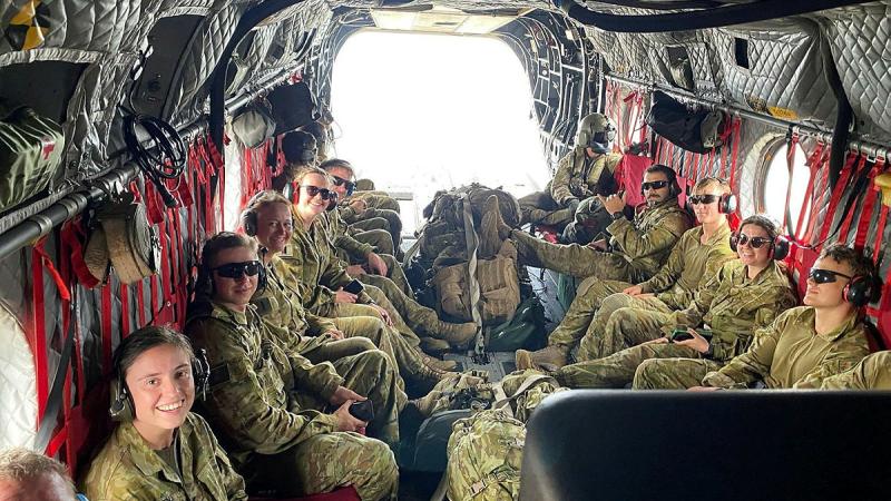Australian Army soldiers conduct a troop lift on a CH-47F Chinook from 5th Aviation Regiment, in support of 31st/42nd Battalion, The Royal Queensland Regiment's Exercise Burghala Bull in Central Queensland.