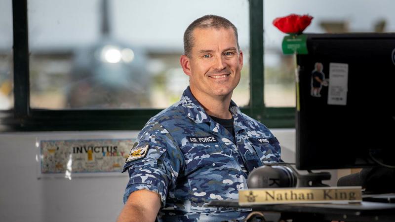  Flight Sergeant Nathan King, an Air Force Aircraft Technician from 37 Squadron, at his workstation, RAAF Base Richmond. 