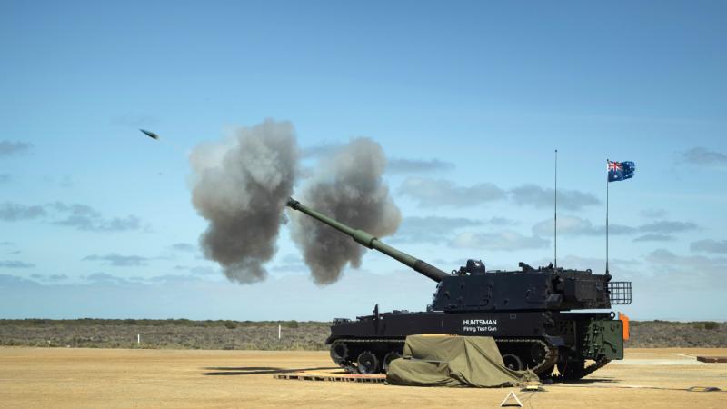 An Australian Army AS9 Huntsman self-propelled howitzer test fires a practice round at the Proof & Experimental Establishment in Port Wakefield.
