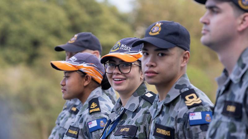 Australian Navy Cadets during the launch of the youth development program on board HMAS Adelaide in Sydney. 