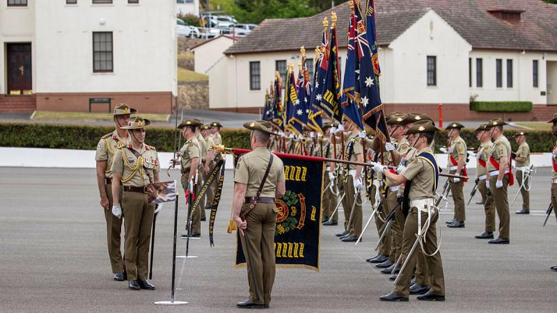 Chief of Army Lieutenant General Simon Stuart on parade for the 75th anniversary of the Royal Australian Regiment at Duntroon, Canberra. 
