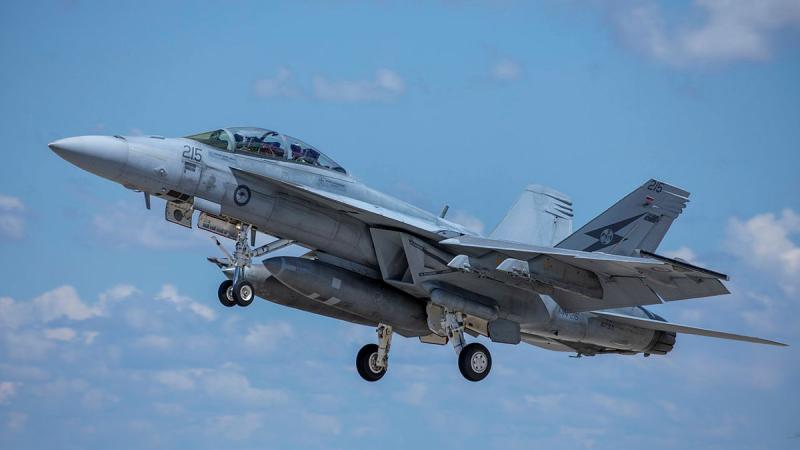 An F/A-18F Super Hornet from 1 Squadron takes off from RAAF Base Tindal during Exercise Crimson Dawn. 