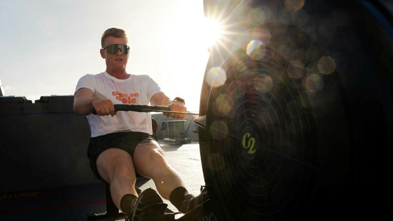 Leading Seaman Kade Biddick wears a ‘game on mole’ t-shirt as he takes part in the 48 hour charity row for the Melanoma Institute Australia in memory of his brother Jake. 