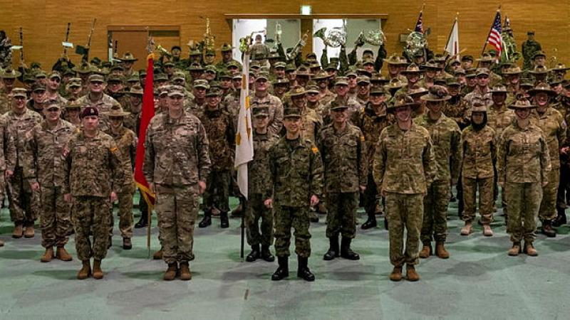 Australian Army, United States Army and Japan Ground Self-Defense Force gather following the Opening Ceremony of Exercise Yama Sakura 85.
