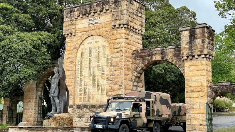 A 5th Brigade vehicle on Exercise Gigas Roam transits the Soldiers Memorial at Nowra on its way south.