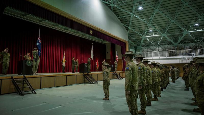 Personnel participate in the closing ceremony of Exercise Yama Sakura 85 in Chitose, Japan. 