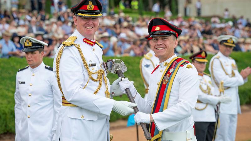 Head Land Capability, Major General Richard Vagg presents the Chief of Army Prize to Officer Cadet Jack Macklan, ARA with the Chief of Army prize. Photo: Thomas Lucraft