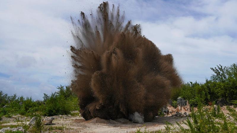  A 500lb unexploded ordnance (UXO) after detonation during Operation Render Safe, Nauru.
