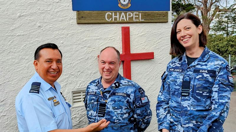 (Left) Wing Commander Ivan Benitez-Aguirre, Group Captain John Carroll and Flight Lieutenant Laura Dahl at the entrance to newly reopened RAAF Base Glenbrook chapel.